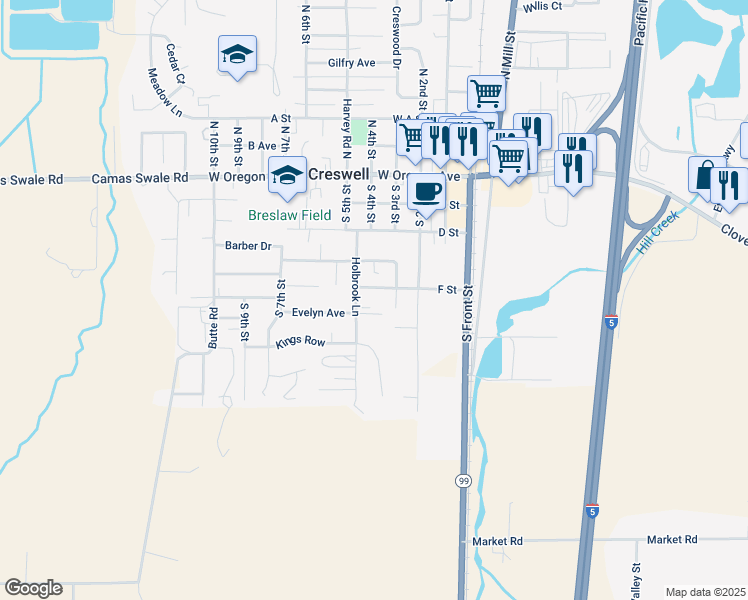 map of restaurants, bars, coffee shops, grocery stores, and more near 239 West F Street in Creswell