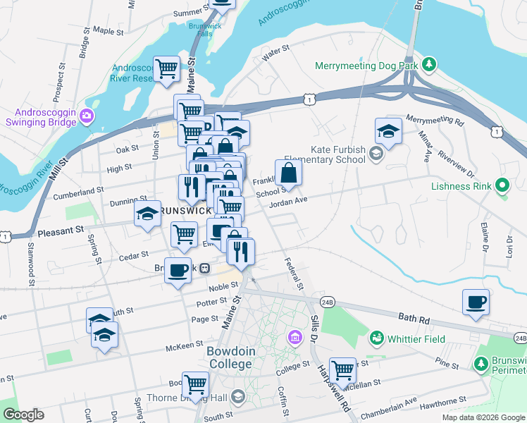 map of restaurants, bars, coffee shops, grocery stores, and more near 51 Federal Street in Brunswick