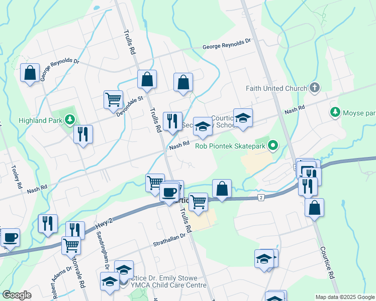 map of restaurants, bars, coffee shops, grocery stores, and more near in Courtice
