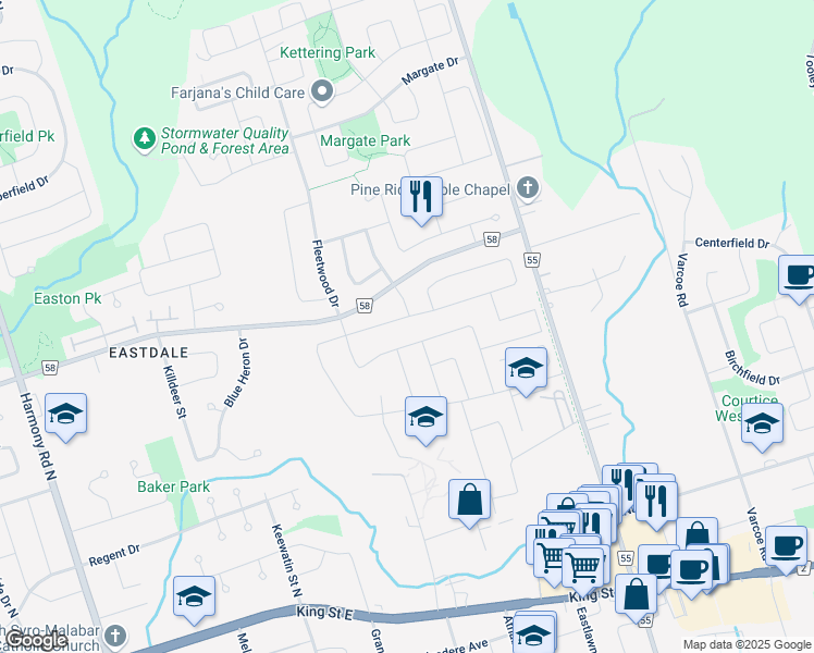 map of restaurants, bars, coffee shops, grocery stores, and more near in Oshawa