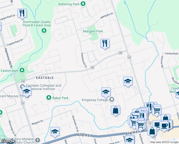 map of restaurants, bars, coffee shops, grocery stores, and more near 358 Fleetwood Drive in Oshawa