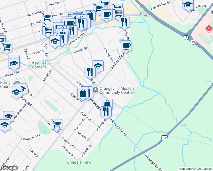 map of restaurants, bars, coffee shops, grocery stores, and more near 17 Green Street in Orangeville