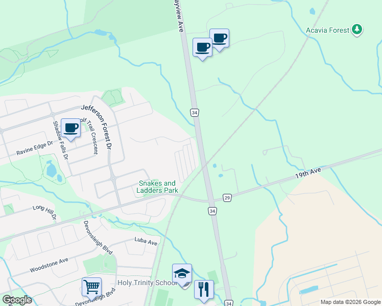 map of restaurants, bars, coffee shops, grocery stores, and more near 28 Credit Lane in Richmond Hill