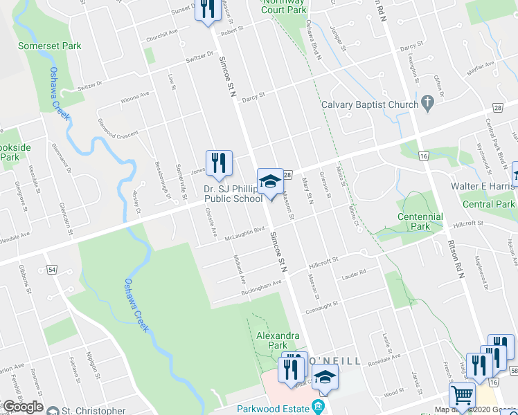 map of restaurants, bars, coffee shops, grocery stores, and more near 624 Simcoe Street North in Oshawa