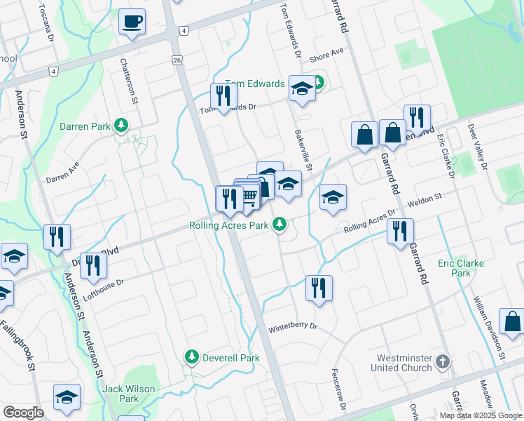 map of restaurants, bars, coffee shops, grocery stores, and more near 90 Waller Street in Whitby