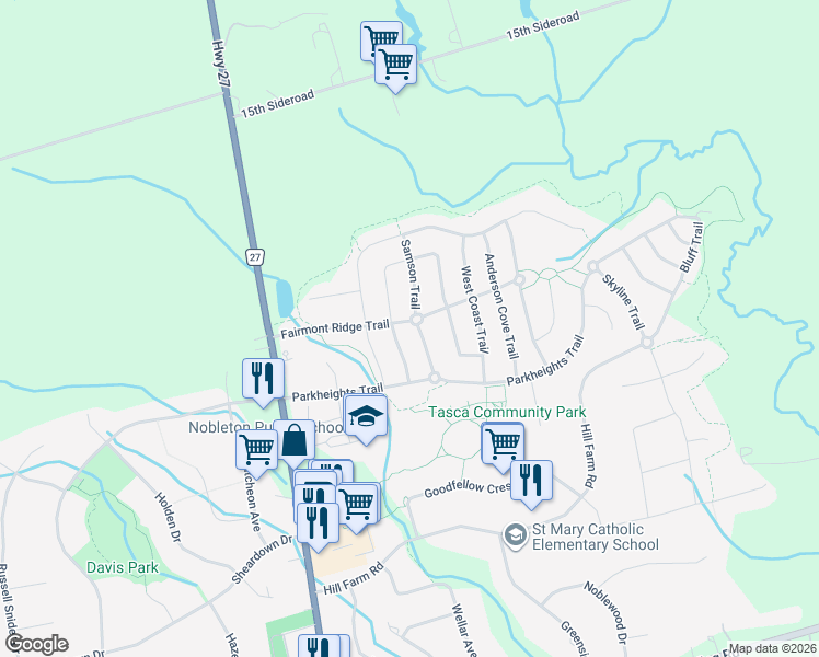 map of restaurants, bars, coffee shops, grocery stores, and more near 18 Samson Trail in Nobleton
