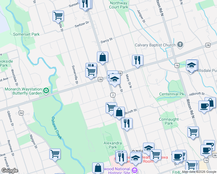 map of restaurants, bars, coffee shops, grocery stores, and more near 622 Simcoe Street North in Oshawa