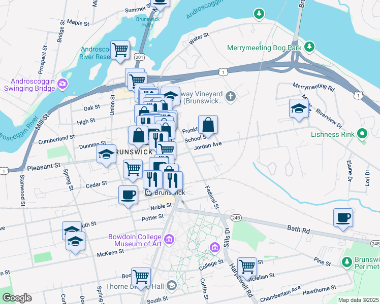 map of restaurants, bars, coffee shops, grocery stores, and more near Federal Street in Brunswick