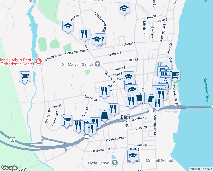map of restaurants, bars, coffee shops, grocery stores, and more near 11 Cobb Road in Bath