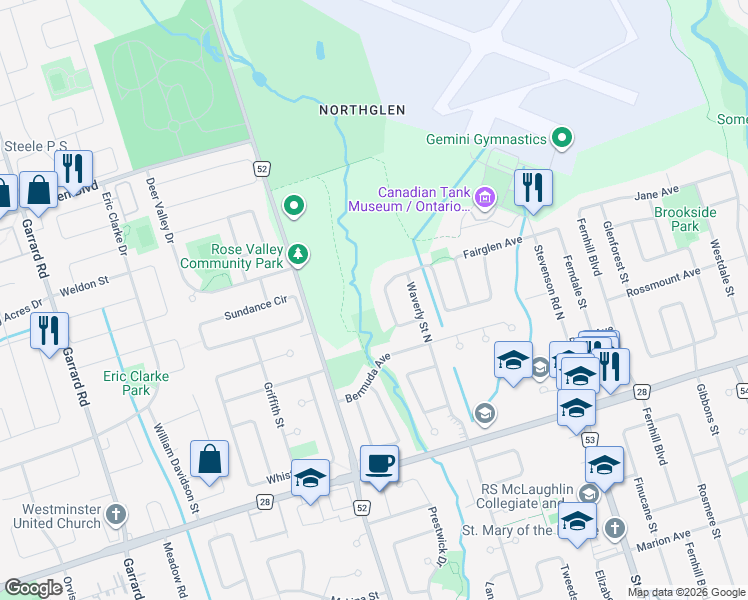 map of restaurants, bars, coffee shops, grocery stores, and more near 747 Barbados Street in Oshawa