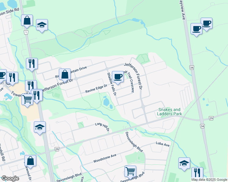 map of restaurants, bars, coffee shops, grocery stores, and more near Shadow Falls Drive in Richmond Hill