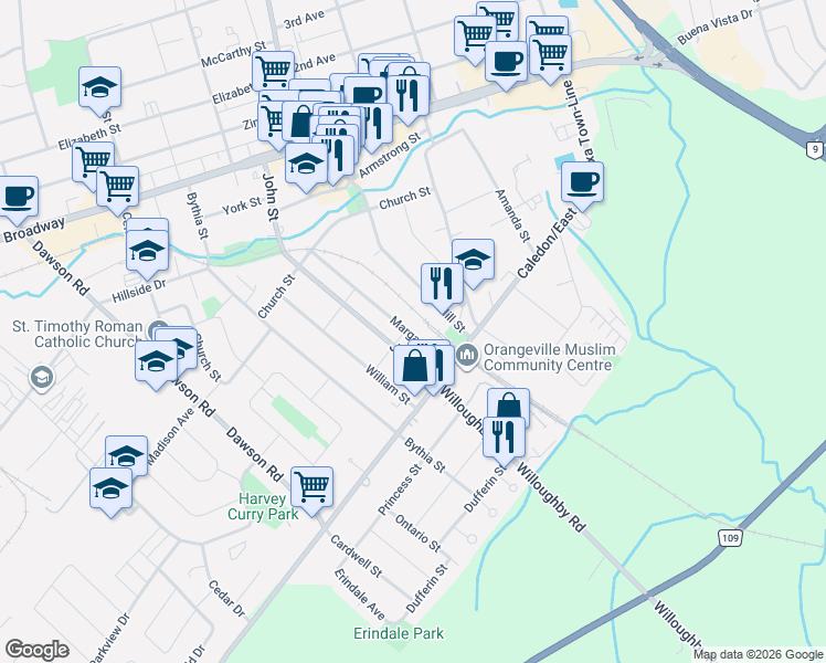 map of restaurants, bars, coffee shops, grocery stores, and more near 39 Margaret Street in Orangeville