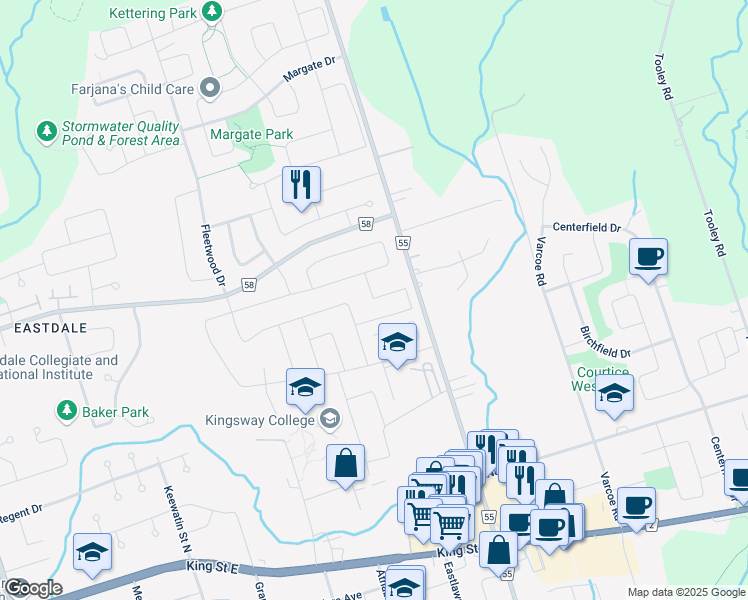 map of restaurants, bars, coffee shops, grocery stores, and more near Apollo Street in Oshawa