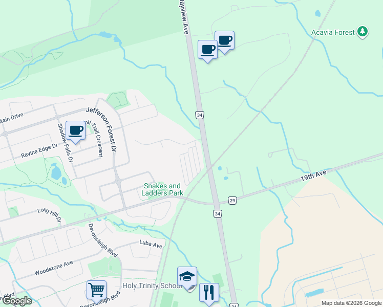 map of restaurants, bars, coffee shops, grocery stores, and more near 15 Ingersoll Lane in Richmond Hill