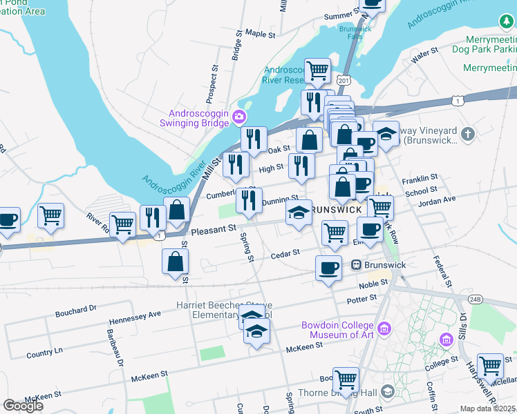 map of restaurants, bars, coffee shops, grocery stores, and more near 51 Cushing Street in Brunswick