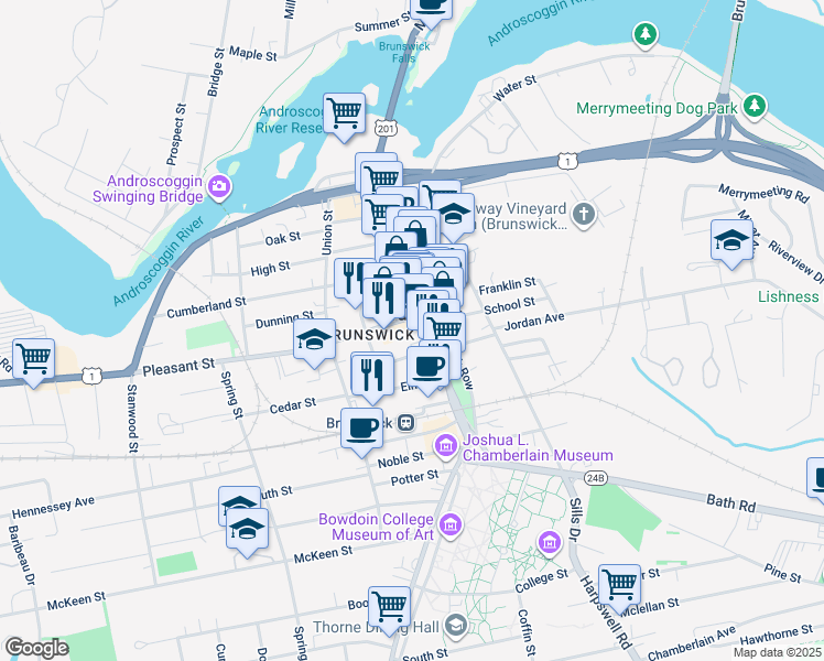 map of restaurants, bars, coffee shops, grocery stores, and more near 9 Pleasant Street in Brunswick