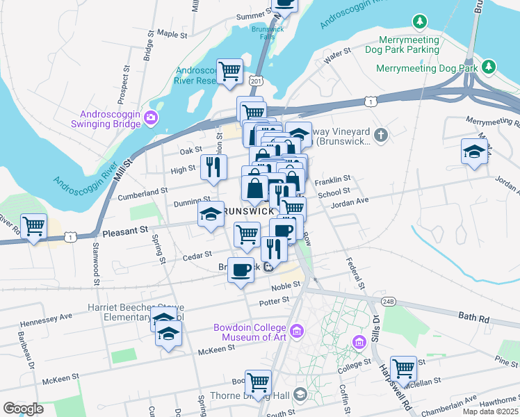 map of restaurants, bars, coffee shops, grocery stores, and more near 9 Pleasant Street in Brunswick