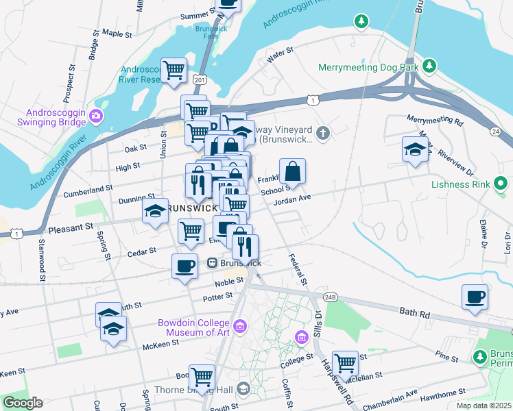 map of restaurants, bars, coffee shops, grocery stores, and more near 46 Federal Street in Brunswick