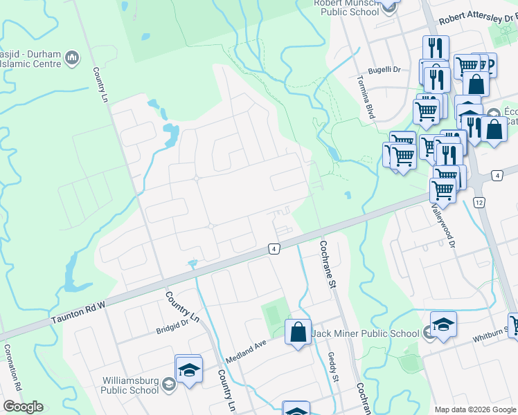 map of restaurants, bars, coffee shops, grocery stores, and more near 100 Christine Elliott Avenue in Whitby