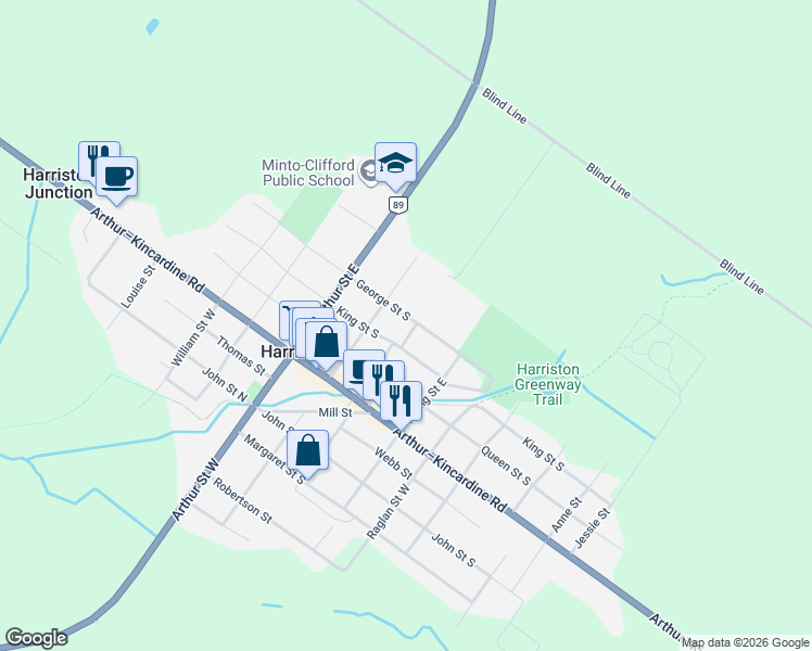 map of restaurants, bars, coffee shops, grocery stores, and more near 64 George Street South in Minto
