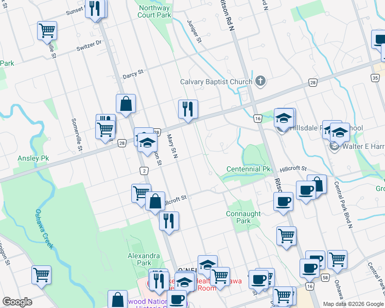 map of restaurants, bars, coffee shops, grocery stores, and more near 593 Grierson Street in Oshawa