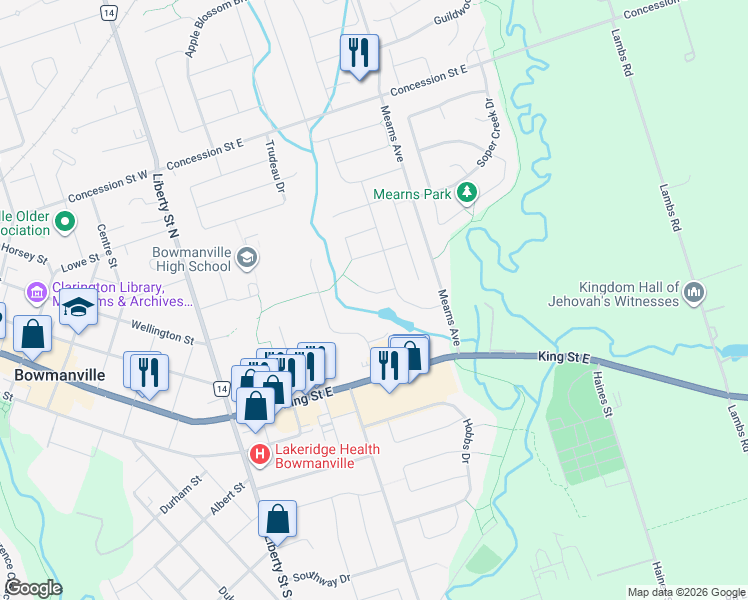 map of restaurants, bars, coffee shops, grocery stores, and more near 9 Royal Pines Court in Bowmanville