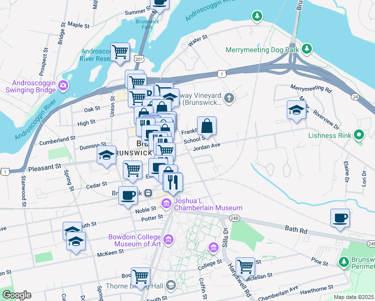 map of restaurants, bars, coffee shops, grocery stores, and more near 46 Federal Street in Brunswick