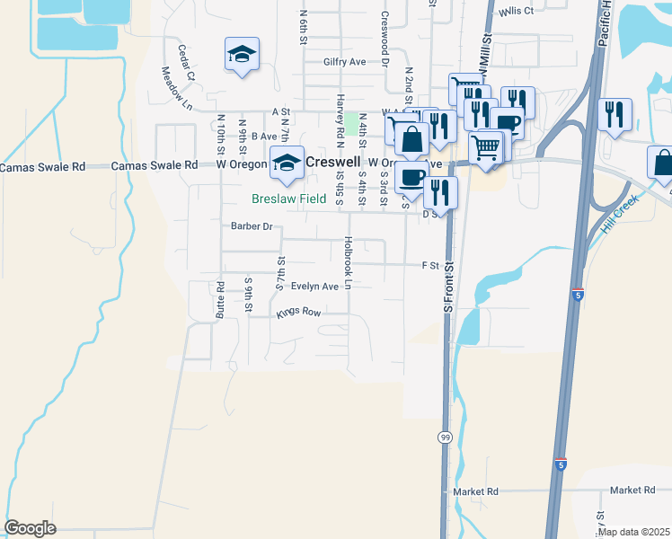 map of restaurants, bars, coffee shops, grocery stores, and more near 508 Evelyn Avenue in Creswell