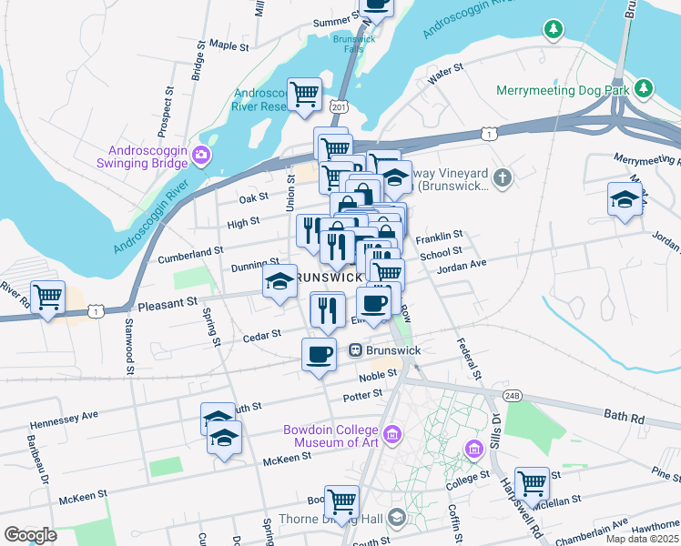 map of restaurants, bars, coffee shops, grocery stores, and more near 9 Pleasant Street in Brunswick