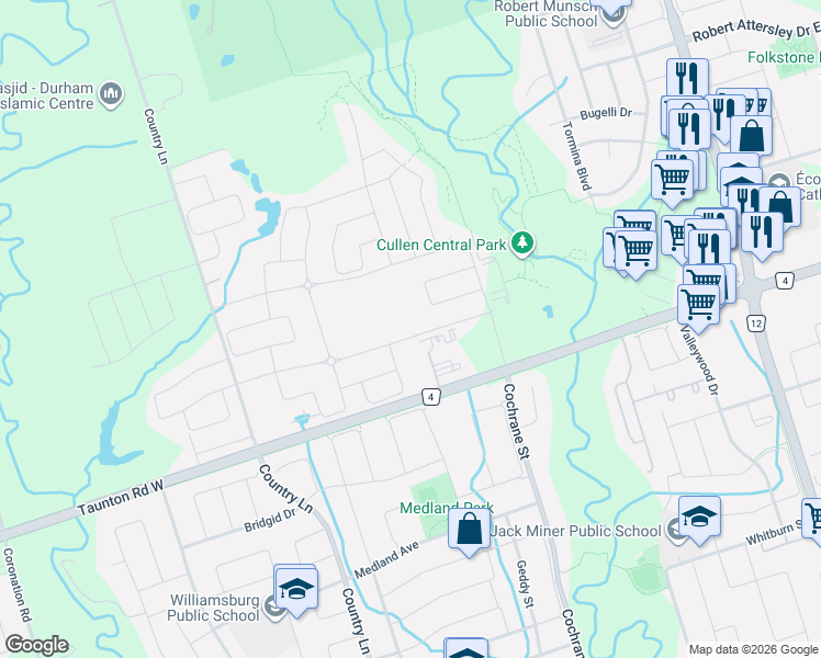 map of restaurants, bars, coffee shops, grocery stores, and more near 104 Christine Elliott Avenue in Whitby