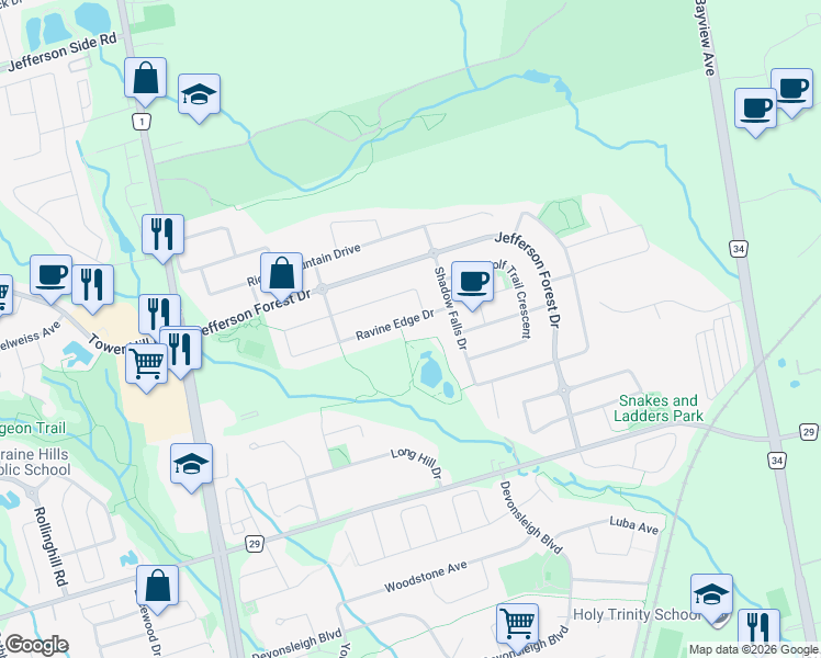 map of restaurants, bars, coffee shops, grocery stores, and more near 102 Ravine Edge Drive in Richmond Hill