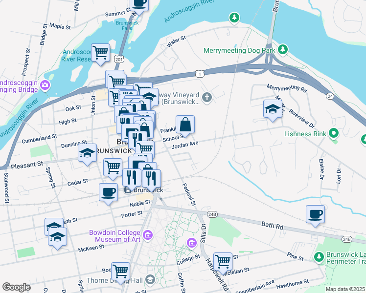 map of restaurants, bars, coffee shops, grocery stores, and more near 21 Market Lane in Brunswick