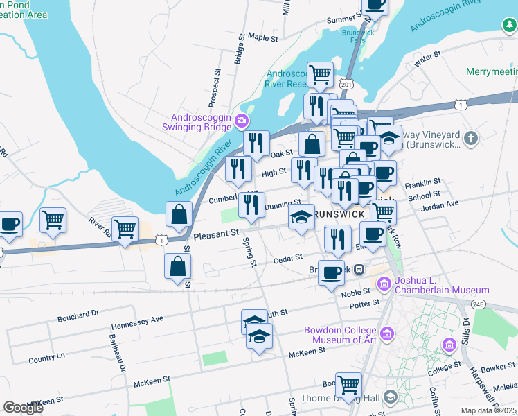 map of restaurants, bars, coffee shops, grocery stores, and more near 51 Cushing Street in Brunswick