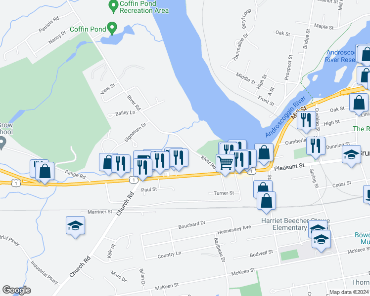 map of restaurants, bars, coffee shops, grocery stores, and more near 41 River Road in Brunswick
