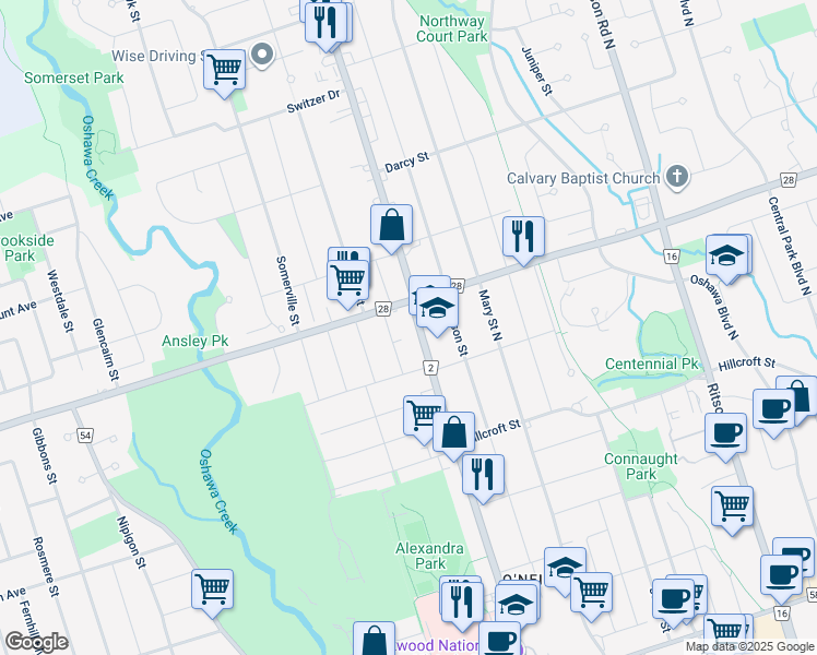 map of restaurants, bars, coffee shops, grocery stores, and more near 624 Simcoe Street North in Oshawa