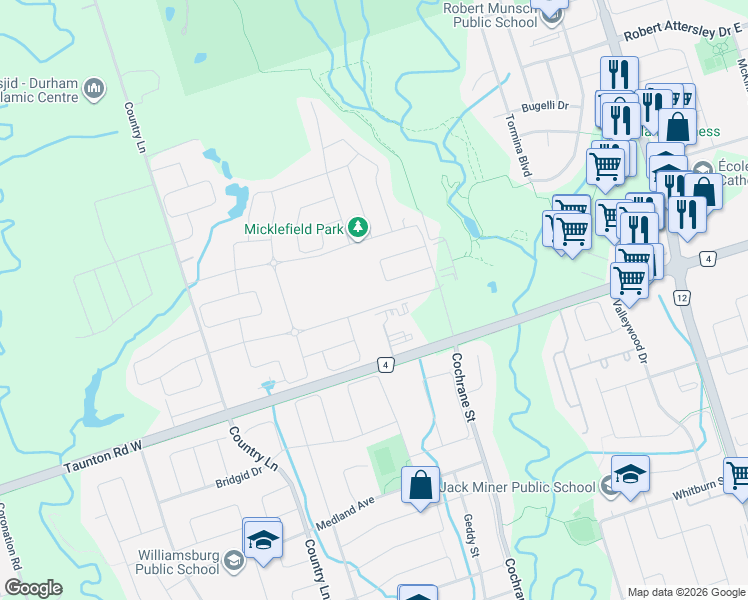 map of restaurants, bars, coffee shops, grocery stores, and more near 110 Christine Elliott Avenue in Whitby