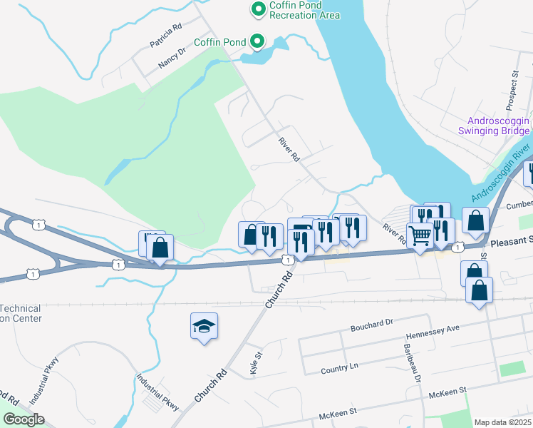 map of restaurants, bars, coffee shops, grocery stores, and more near 1 Mast Lane in Brunswick