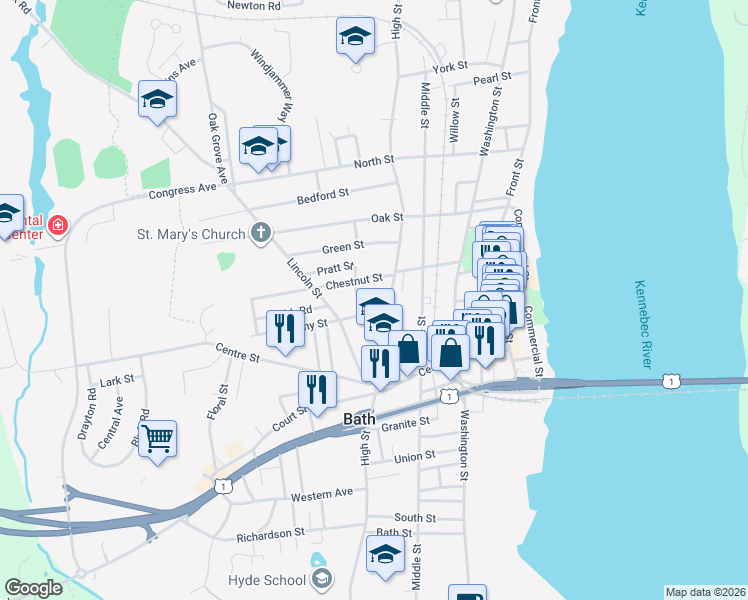 map of restaurants, bars, coffee shops, grocery stores, and more near 826 High Street in Bath