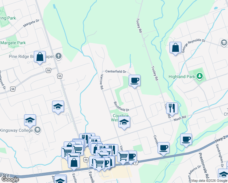 map of restaurants, bars, coffee shops, grocery stores, and more near 77 Birchfield Drive in Courtice
