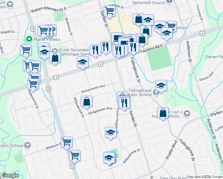 map of restaurants, bars, coffee shops, grocery stores, and more near 4 Silverbirch Place in Whitby