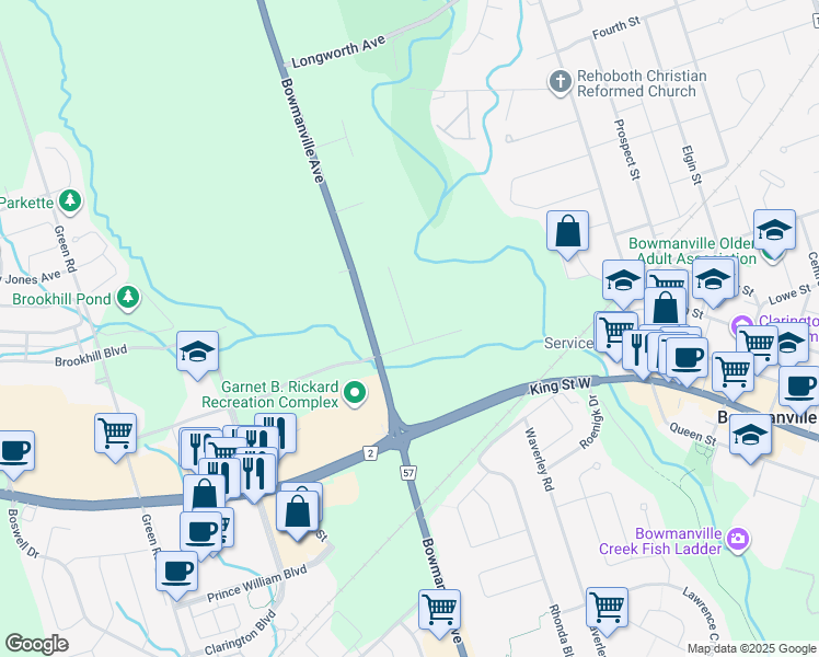 map of restaurants, bars, coffee shops, grocery stores, and more near 1 Munday Court in Bowmanville