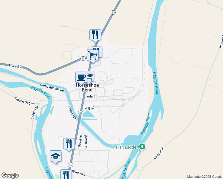 map of restaurants, bars, coffee shops, grocery stores, and more near 126 Ada Street in Horseshoe Bend