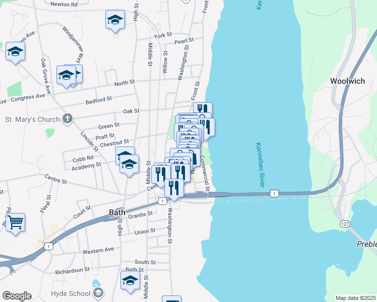 map of restaurants, bars, coffee shops, grocery stores, and more near 126 Front Street in Bath