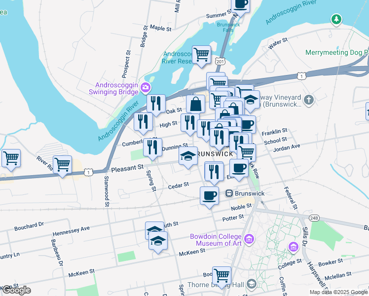 map of restaurants, bars, coffee shops, grocery stores, and more near 36 Pleasant Street in Brunswick