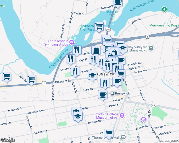 map of restaurants, bars, coffee shops, grocery stores, and more near 36 Pleasant Street in Brunswick