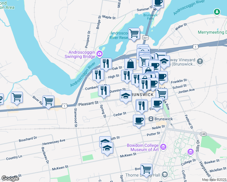 map of restaurants, bars, coffee shops, grocery stores, and more near 44 Pleasant Street in Brunswick
