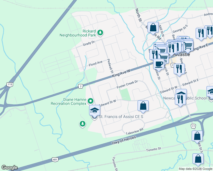 map of restaurants, bars, coffee shops, grocery stores, and more near 85 Foster Creek Drive in Newcastle