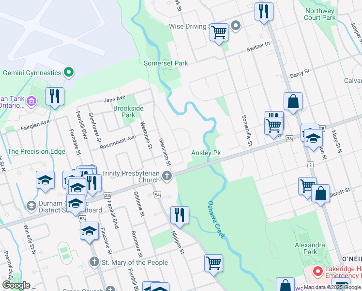 map of restaurants, bars, coffee shops, grocery stores, and more near 269 Woodlea Crescent in Oshawa