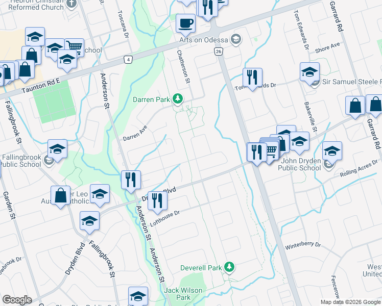 map of restaurants, bars, coffee shops, grocery stores, and more near 32 Puttingedge Drive in Whitby