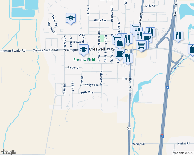 map of restaurants, bars, coffee shops, grocery stores, and more near 508 Evelyn Avenue in Creswell